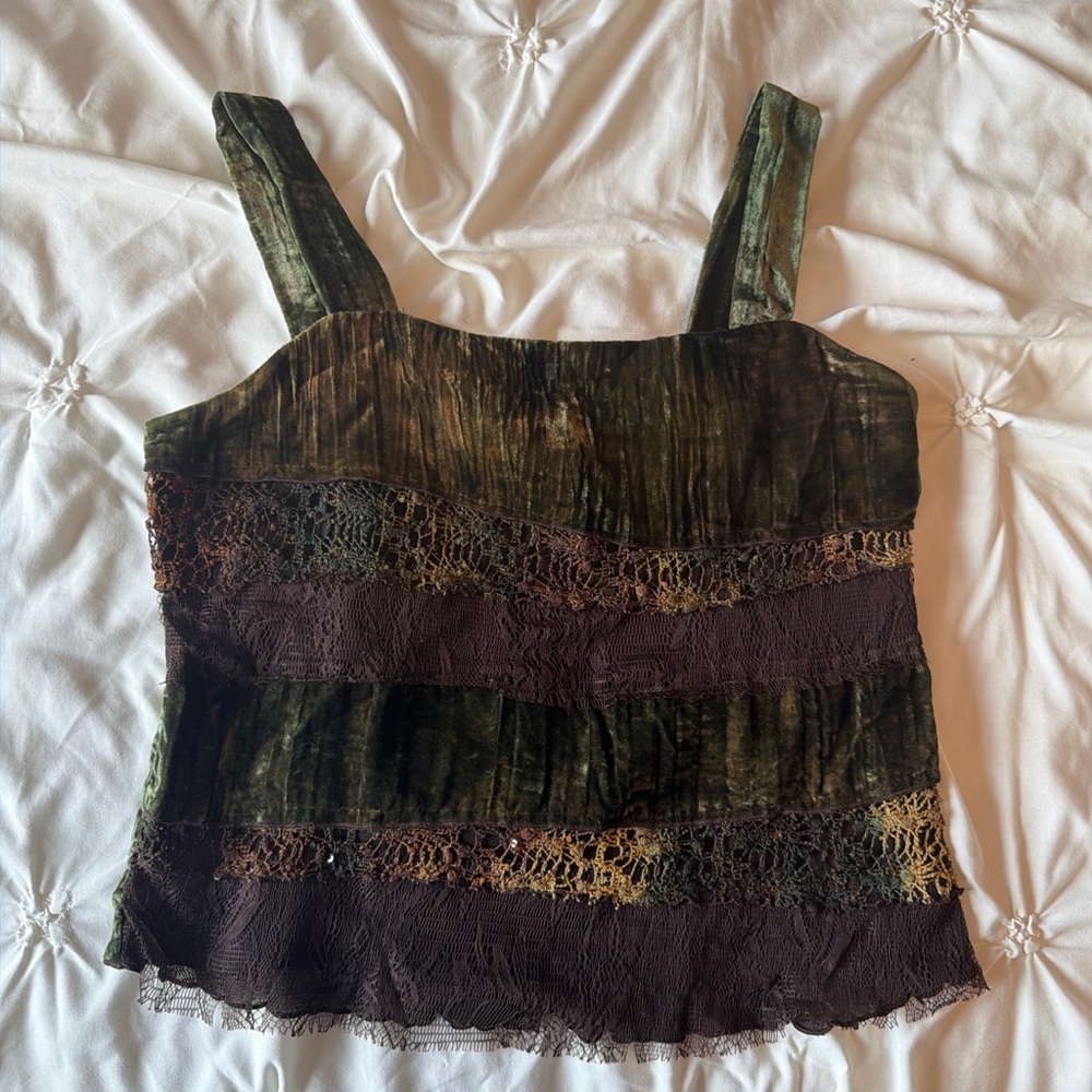 Aria Olive Green and Dark Brown Velvet Lace-Trim Camisole